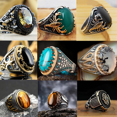 Ръчно изработени турски бижута Големи овални пръстени с естествен тюркоазен камък за мъже Ретро зелени, червени, сини сватбени пръстени с циркон за жени
