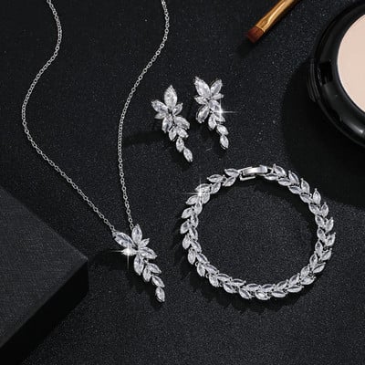 3 ks listový náhrdelník s príveskom a zirkónom AAA CZ, náušnice, náramok, sady šperkov pre ženy, svadobné šaty, večeru