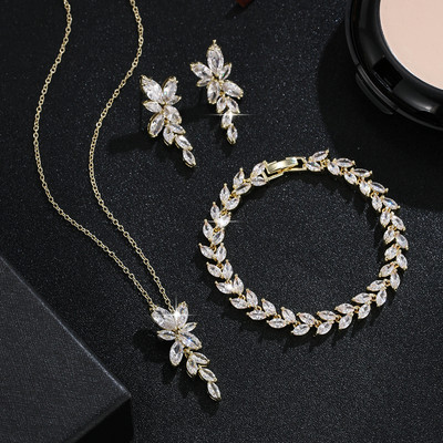 3 ks listový náhrdelník s príveskom a zirkónom AAA CZ, náušnice, náramok, sady šperkov pre ženy, svadobné šaty, večeru