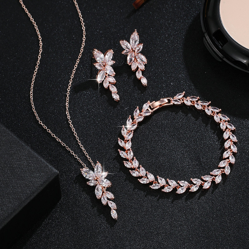 3 ks listový náhrdelník s príveskom a zirkónom AAA CZ, náušnice, náramok, sady šperkov pre ženy, svadobné šaty, večeru