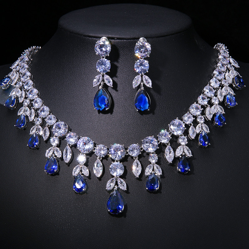 „Emmaya“ cirkonio „Bling Square Drop“ tamsiai mėlynas kubinis cirkonio karoliai ir auskarai moteriškų vakarėlių papuošalų rinkinys vestuvių nuotakoms