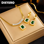 DIEYURO Luxusný nerezový oceľový náhrdelník s príveskom a náušnicami, štvorcový zelený krištáľový zirkón, sada šperkov pre ženy