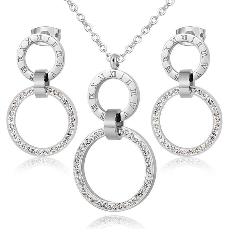 Full Crystals római számokkal ellátott Choker nyaklánc és fülbevaló készletek rozsdamentes acél kerek, kör alakú kulcscsont nyaklánc női ékszerek számára