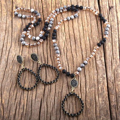 RH divatos ékszer szett természetes kőből és üvegből készült hosszú csomózott csepp medál nyaklánc fülbevaló szett női ajándék Dropship