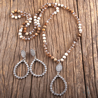 RH divatos ékszer szett természetes kőből és üvegből készült hosszú csomózott csepp medál nyaklánc fülbevaló szett női ajándék Dropship