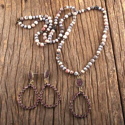 RH divatos ékszer szett természetes kőből és üvegből készült hosszú csomózott csepp medál nyaklánc fülbevaló szett női ajándék Dropship