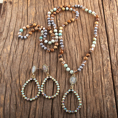 RH divatos ékszer szett természetes kőből és üvegből készült hosszú csomózott csepp medál nyaklánc fülbevaló szett női ajándék Dropship