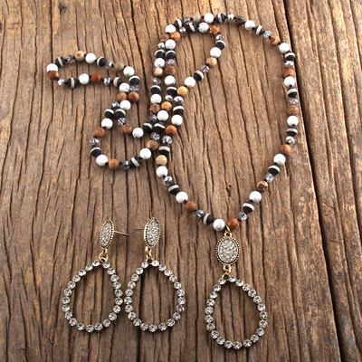 RH divatos ékszer szett természetes kőből és üvegből készült hosszú csomózott csepp medál nyaklánc fülbevaló szett női ajándék Dropship