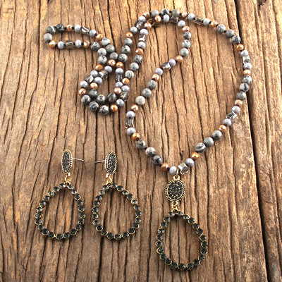 RH divatos ékszer szett természetes kőből és üvegből készült hosszú csomózott csepp medál nyaklánc fülbevaló szett női ajándék Dropship