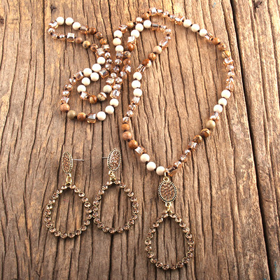 RH divatos ékszer szett természetes kőből és üvegből készült hosszú csomózott csepp medál nyaklánc fülbevaló szett női ajándék Dropship