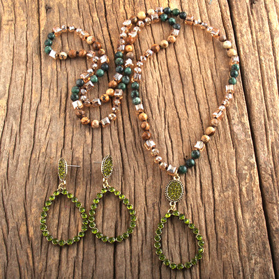 RH divatos ékszer szett természetes kőből és üvegből készült hosszú csomózott csepp medál nyaklánc fülbevaló szett női ajándék Dropship