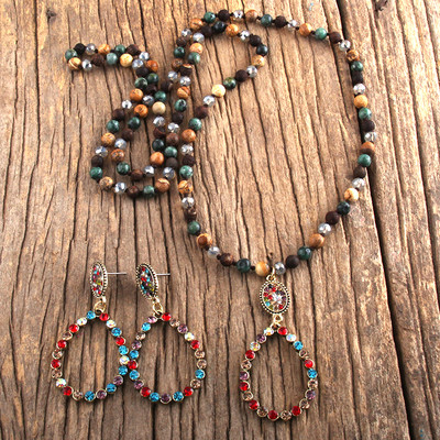 RH divatos ékszer szett természetes kőből és üvegből készült hosszú csomózott csepp medál nyaklánc fülbevaló szett női ajándék Dropship