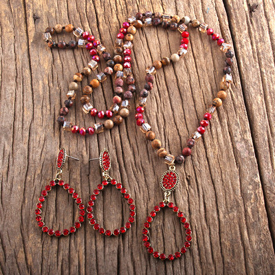 RH divatos ékszer szett természetes kőből és üvegből készült hosszú csomózott csepp medál nyaklánc fülbevaló szett női ajándék Dropship