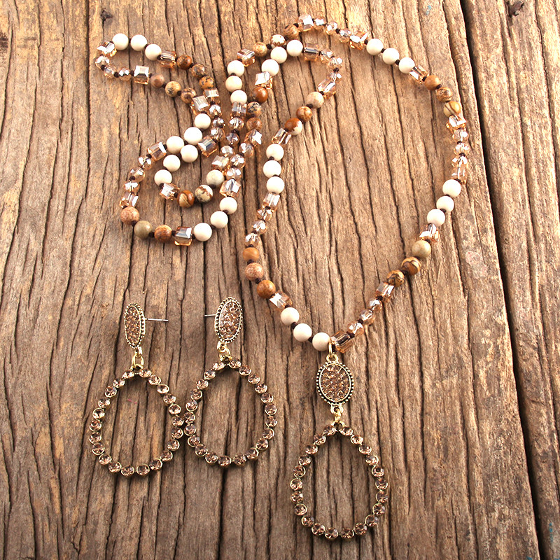 RH divatos ékszer szett természetes kőből és üvegből készült hosszú csomózott csepp medál nyaklánc fülbevaló szett női ajándék Dropship