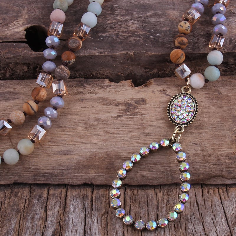 RH divatos ékszer szett természetes kőből és üvegből készült hosszú csomózott csepp medál nyaklánc fülbevaló szett női ajándék Dropship