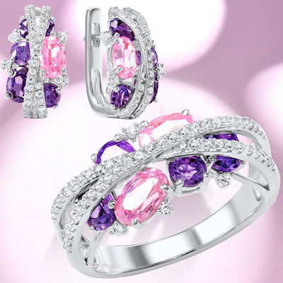 Luksuzni dizajnerski setovi nakita za žene Ametist, ružičasti cirkonij Moissanite Naušnice Komplet prstena Poklon za Valentinovo Vjenčani nakit