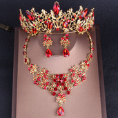 Baroc Vintage de culoare auriu Cristal roșu Seturi de bijuterii de mireasă Tiare cu stras Coroana Choker Colier Cercei Accesorii de nuntă