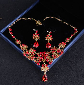 Μπαρόκ Vintage Χρυσό Χρώμα Κόκκινο Κρυστάλλινο Σετ Νυφικά Κοσμήματα Τιάρες Στέμμα Κολιέ τσόκερ Σκουλαρίκια Αξεσουάρ γάμου