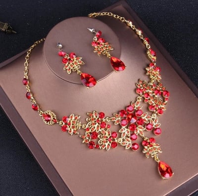 Baroc Vintage de culoare auriu Cristal roșu Seturi de bijuterii de mireasă Tiare cu stras Coroana Choker Colier Cercei Accesorii de nuntă