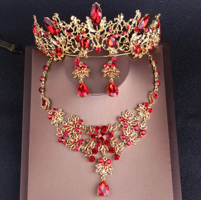 Baroc Vintage de culoare auriu Cristal roșu Seturi de bijuterii de mireasă Tiare cu stras Coroana Choker Colier Cercei Accesorii de nuntă
