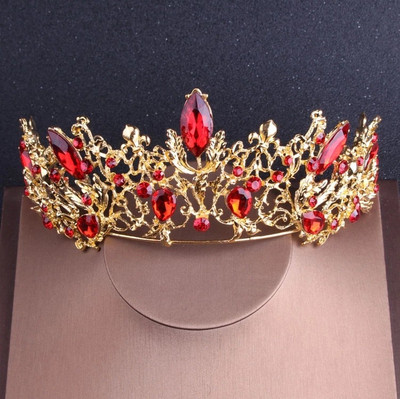 Baroc Vintage de culoare auriu Cristal roșu Seturi de bijuterii de mireasă Tiare cu stras Coroana Choker Colier Cercei Accesorii de nuntă