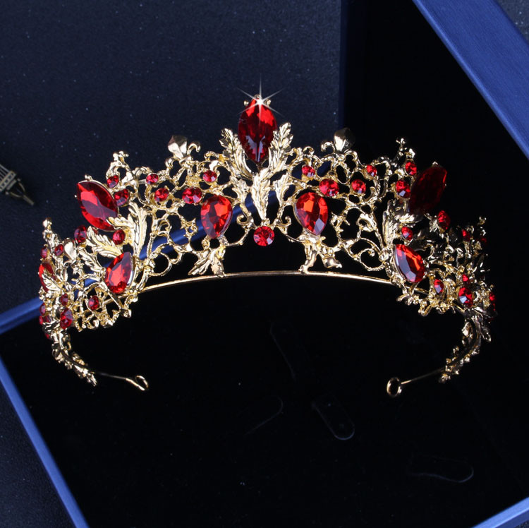 Baroc Vintage de culoare auriu Cristal roșu Seturi de bijuterii de mireasă Tiare cu stras Coroana Choker Colier Cercei Accesorii de nuntă