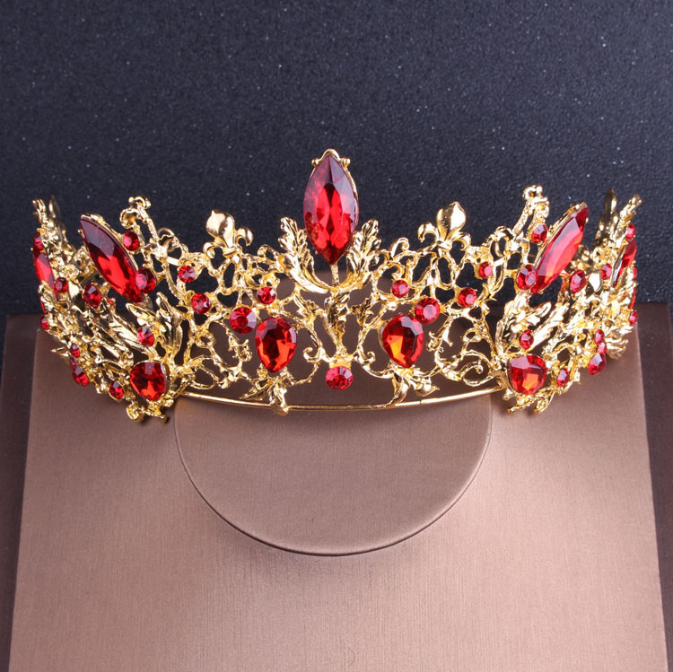 Baroc Vintage de culoare auriu Cristal roșu Seturi de bijuterii de mireasă Tiare cu stras Coroana Choker Colier Cercei Accesorii de nuntă