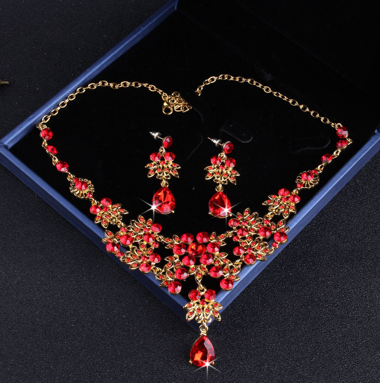 Baroc Vintage de culoare auriu Cristal roșu Seturi de bijuterii de mireasă Tiare cu stras Coroana Choker Colier Cercei Accesorii de nuntă