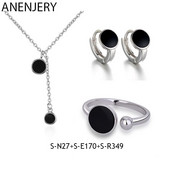 ANENJERY de culoare argintie simplu epoxidic negru rotund napolitan colier + cercei + inel pentru femei seturi de bijuterii bijuterii coreene