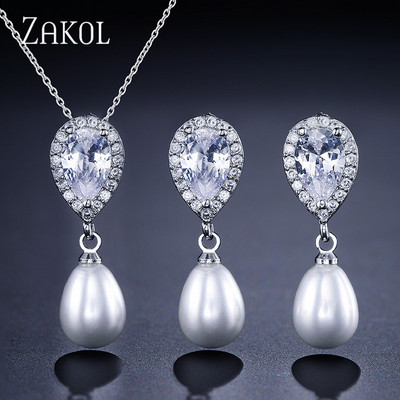 ZAKOL divatos kerek szimulált gyöngy fülbevaló nyaklánc szett nőknek egyszerű szál színű cirkon menyasszonyi parti ékszer