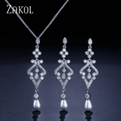 ZAKOL divatos kerek szimulált gyöngy fülbevaló nyaklánc szett nőknek egyszerű szál színű cirkon menyasszonyi parti ékszer