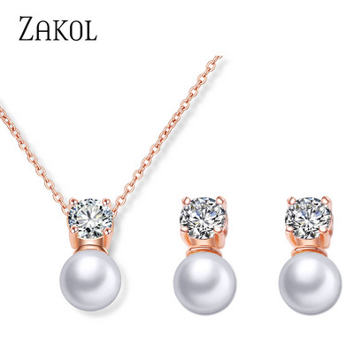 ZAKOL divatos kerek szimulált gyöngy fülbevaló nyaklánc szett nőknek egyszerű szál színű cirkon menyasszonyi parti ékszer