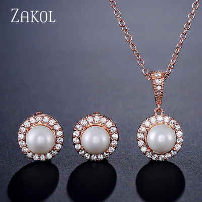 ZAKOL divatos kerek szimulált gyöngy fülbevaló nyaklánc szett nőknek egyszerű szál színű cirkon menyasszonyi parti ékszer