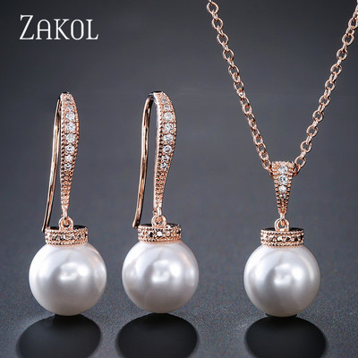 ZAKOL divatos kerek szimulált gyöngy fülbevaló nyaklánc szett nőknek egyszerű szál színű cirkon menyasszonyi parti ékszer