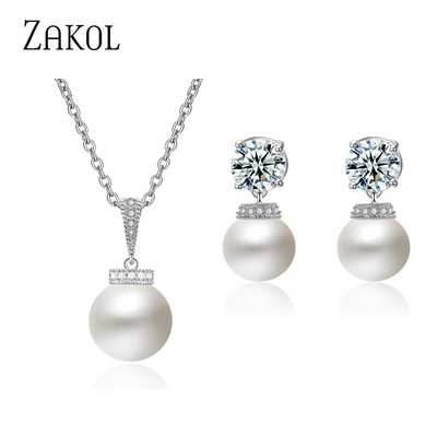 ZAKOL divatos kerek szimulált gyöngy fülbevaló nyaklánc szett nőknek egyszerű szál színű cirkon menyasszonyi parti ékszer