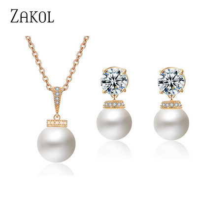 ZAKOL divatos kerek szimulált gyöngy fülbevaló nyaklánc szett nőknek egyszerű szál színű cirkon menyasszonyi parti ékszer