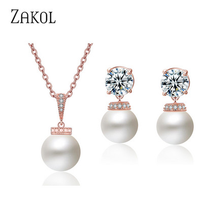 ZAKOL divatos kerek szimulált gyöngy fülbevaló nyaklánc szett nőknek egyszerű szál színű cirkon menyasszonyi parti ékszer