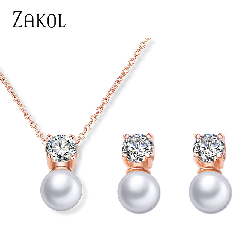 ZAKOL divatos kerek szimulált gyöngy fülbevaló nyaklánc szett nőknek egyszerű szál színű cirkon menyasszonyi parti ékszer