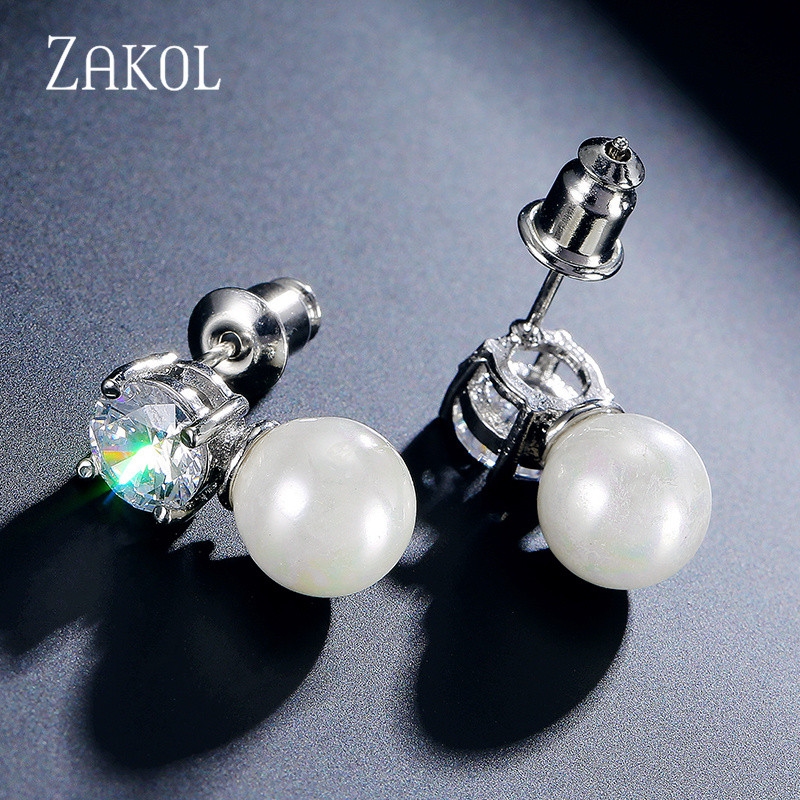 ZAKOL divatos kerek szimulált gyöngy fülbevaló nyaklánc szett nőknek egyszerű szál színű cirkon menyasszonyi parti ékszer