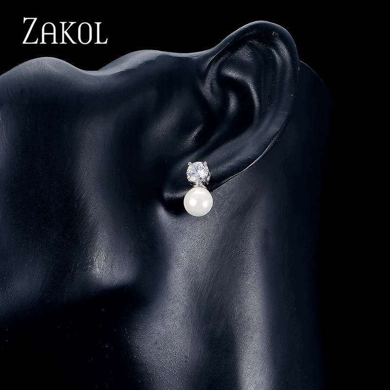 ZAKOL divatos kerek szimulált gyöngy fülbevaló nyaklánc szett nőknek egyszerű szál színű cirkon menyasszonyi parti ékszer