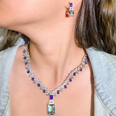 CWWZircons Frumos Violet Albastru Cubic Zircon Crystal Dangle Drop Colier de nunta de mireasa Seturi de bijuterii pentru femei T605
