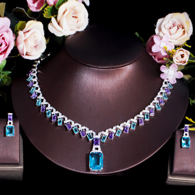 CWWZircons Frumos Violet Albastru Cubic Zircon Crystal Dangle Drop Colier de nunta de mireasa Seturi de bijuterii pentru femei T605