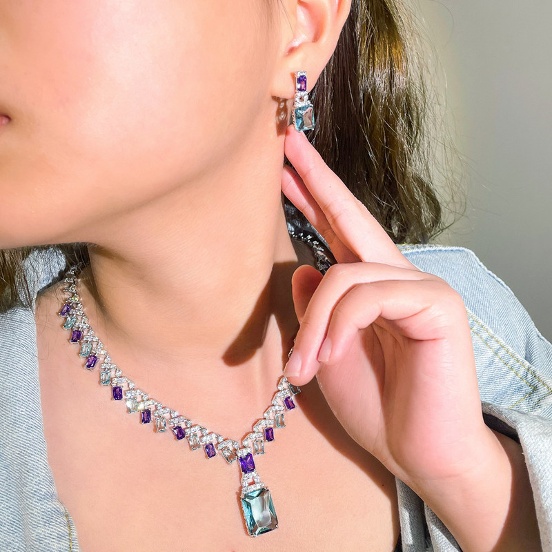 CWWZircons Frumos Violet Albastru Cubic Zircon Crystal Dangle Drop Colier de nunta de mireasa Seturi de bijuterii pentru femei T605