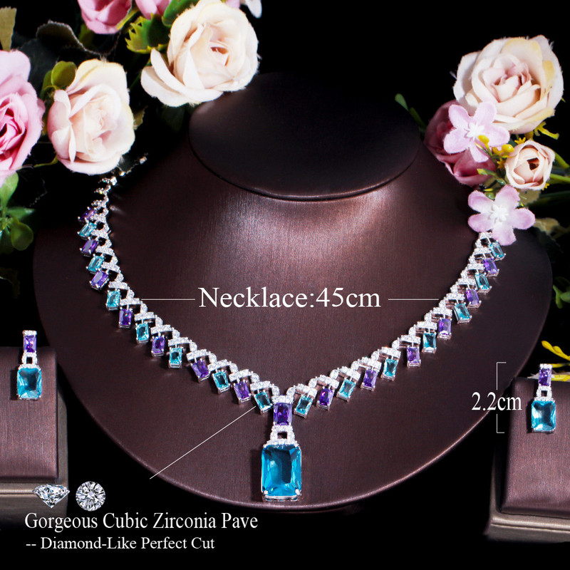 CWWZircons Frumos Violet Albastru Cubic Zircon Crystal Dangle Drop Colier de nunta de mireasa Seturi de bijuterii pentru femei T605
