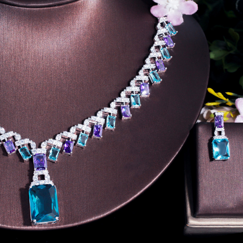 CWWZircons Frumos Violet Albastru Cubic Zircon Crystal Dangle Drop Colier de nunta de mireasa Seturi de bijuterii pentru femei T605