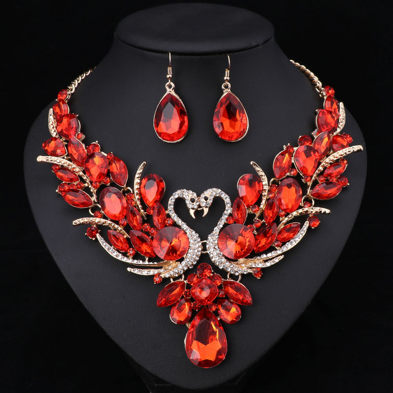 Kristály menyasszonyi ékszer szettek Arany színű hattyú medál nyaklánc női ajándék parti esküvői báli nyaklánc fülbevaló kiegészítők