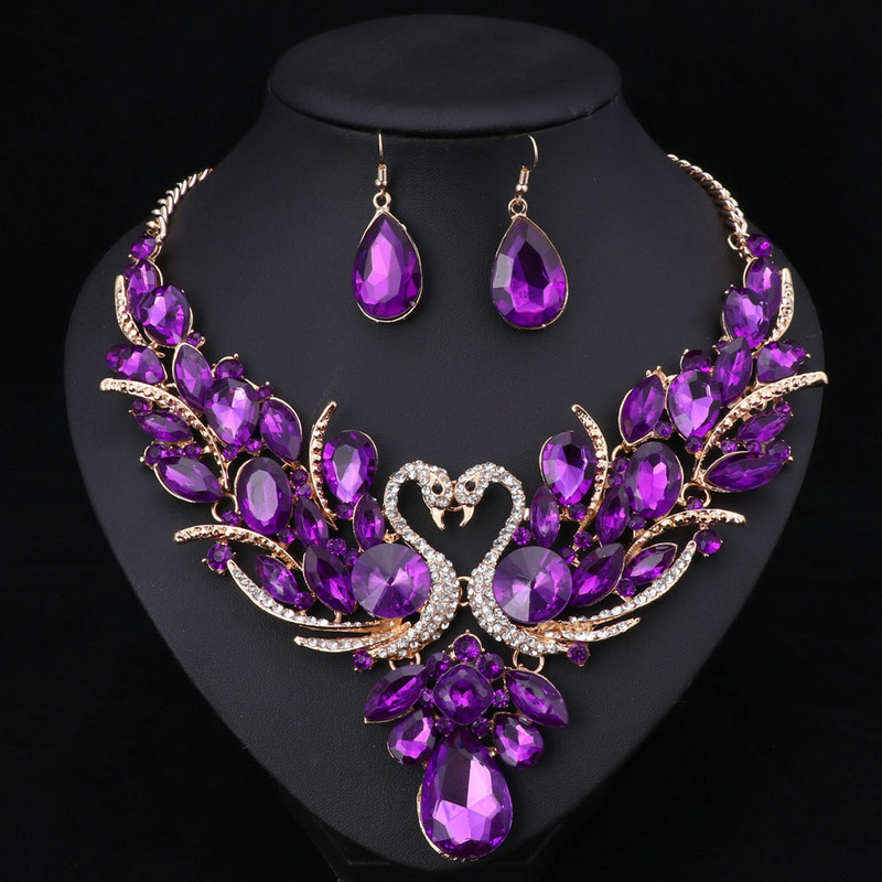 Kristály menyasszonyi ékszer szettek Arany színű hattyú medál nyaklánc női ajándék parti esküvői báli nyaklánc fülbevaló kiegészítők