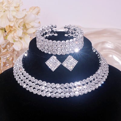 Set de cercei și brățări de colier clasic cu stras de cristal pentru femei de culoare argintie Seturi de bijuterii pentru petrecerea de nuntă de mireasă