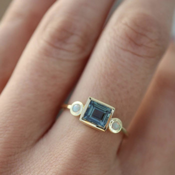 Εξαιρετικό μοντέρνο δαχτυλίδι σε χρυσό χρώμα για γυναίκες Πολυτελές ένθετο με μπλε πέτρες θάλασσας ζιργκόν Σετ βέρες γάμου Νυφικά κοσμήματα