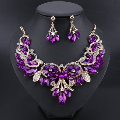 Noi seturi de bijuterii de mireasa indiene de lux Bijuterii costumate pentru nunta Cadouri de moda pentru femei Frunze Colier de cristal Seturi de cercei